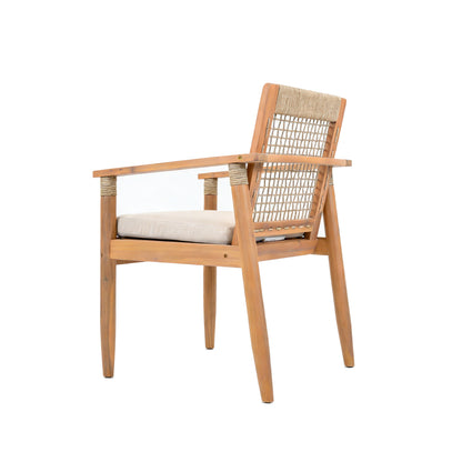 Outdoor Dining Chairs Set of 2, Acacia Wood Patio Armchair with Multi Brown Rope Design Back and Arms and Beige Washable Cushion,for Backyard, Poolside, Garden,Light teak image 11