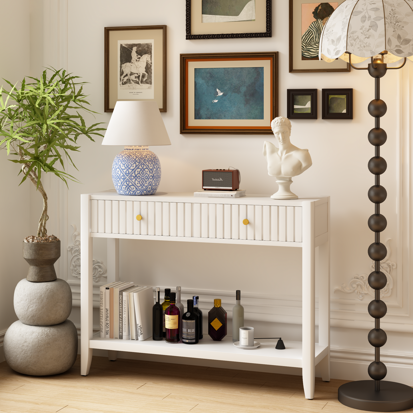 29.53" Tall Console Table with Drawers, Narrow Wood Accent Sofa Table Entryway Table with Storage Shelf for Entryway, Front Hall, Hallway, Living Room, White image 1
