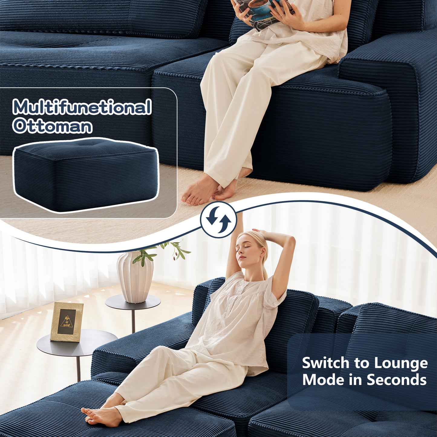 82" Modern L-Shaped Modular Sectional Sofa for Living Room, Corduroy Fabric, 2-Seater Couch with Deep Seat, Pearl-like piping, Tufted Design, No Assembly, Anti-slip Design​, Blue image 11