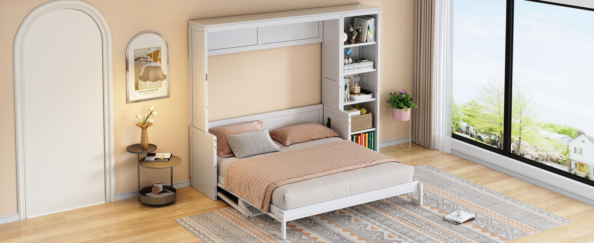 Queen Size Murphy Bed with Desk and Bookshelf, White image 9
