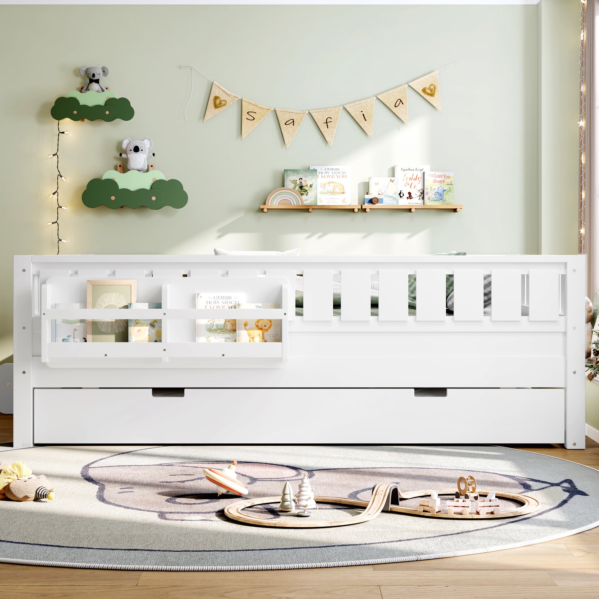 Full with built-in bookshelves and small staircase, high-quality safety rails, and Trundle,White image 3