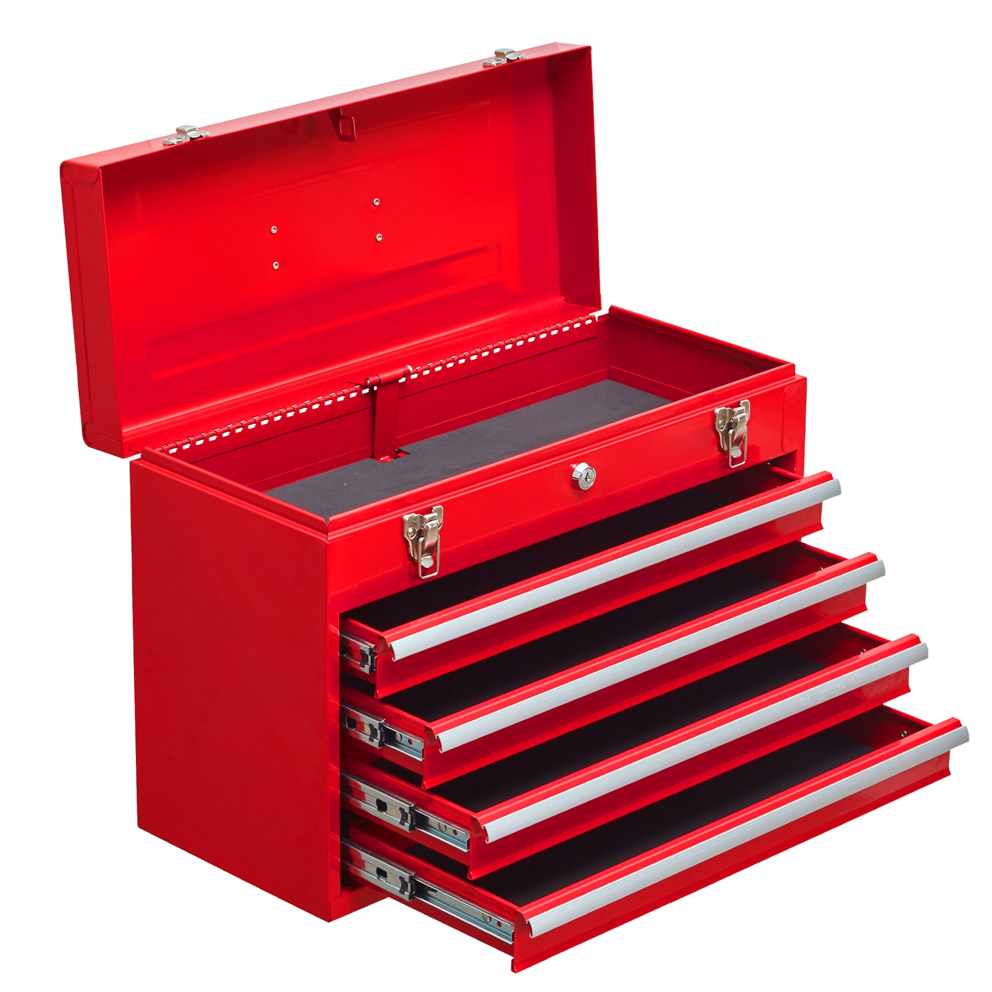 Metal Tool Box with 4 Drawers Portable Steel Tool Chest with Metal Cylinder Lock and Latch Closure, Liner, Red Powder coating, suitable for Garage, Warehouse and Outdoor Repair job-Red image 5