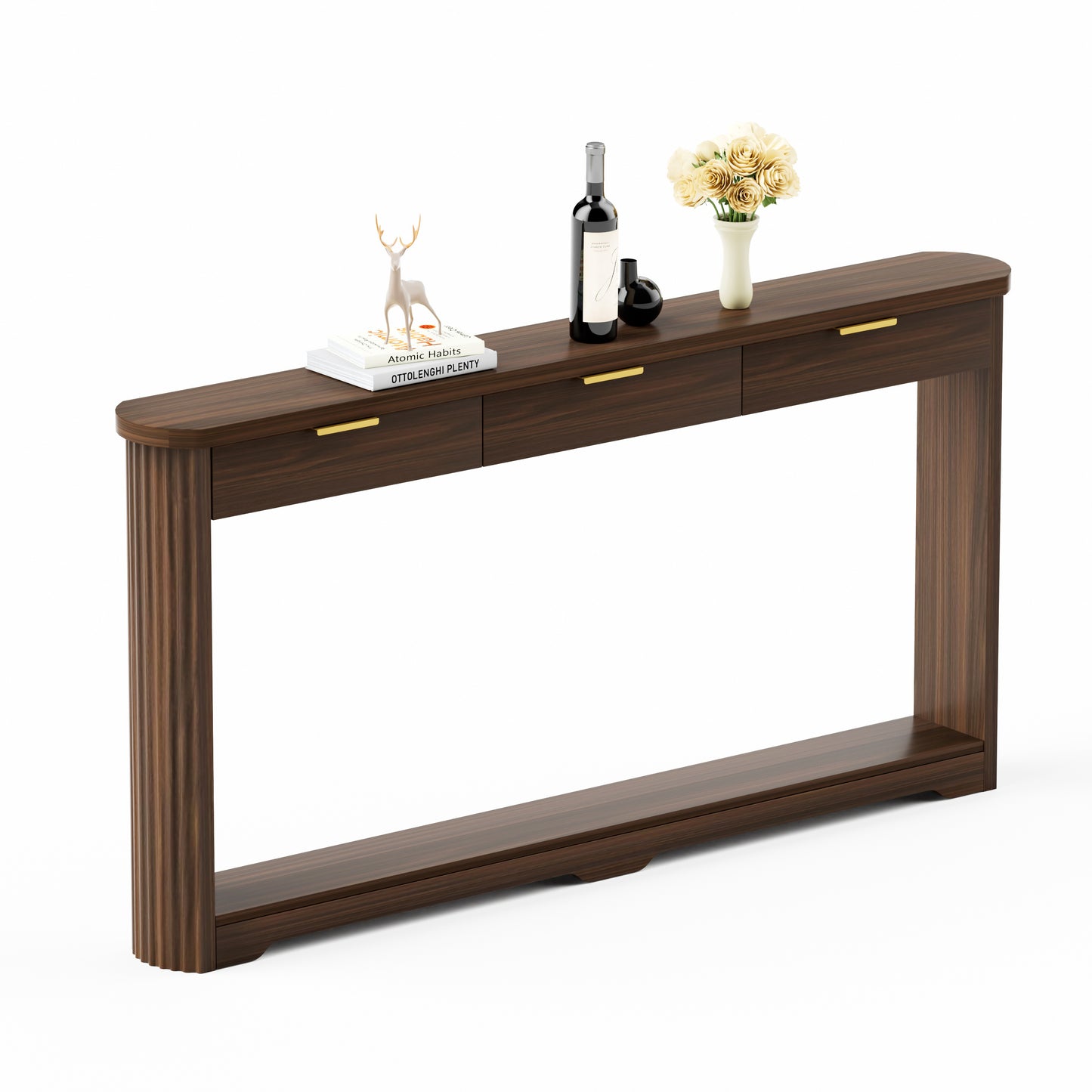 70.1" Wavy-Patterned Storage Table with Drawers; a slim wooden side table that can be placed behind a sofa, ideal for entryways, hallways, and doorways.Walnut.70.1"L*8.7"W*35.5"H image 8