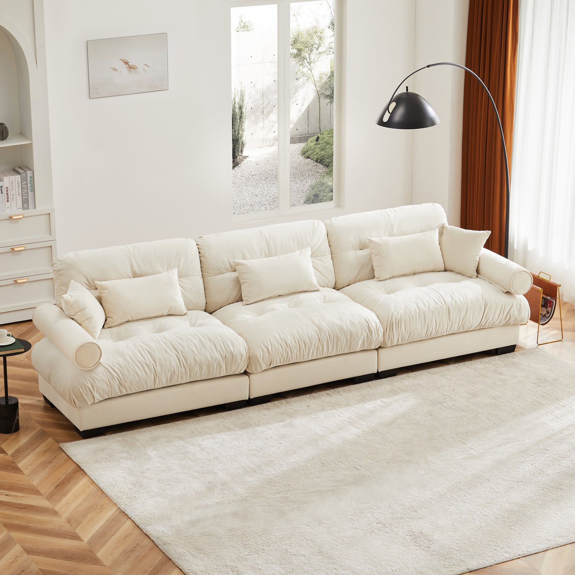 Extra Large 3 Seat Modern Velvet Sofa, Oversize Sofa, Clould Like Comfortable Seat and Back Support, With Waist Pillows and Throw Pillows, Cream image 1