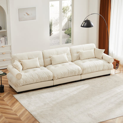 Extra Large 3 Seat Modern Velvet Sofa, Oversize Sofa, Clould Like Comfortable Seat and Back Support, With Waist Pillows and Throw Pillows, Cream image 1