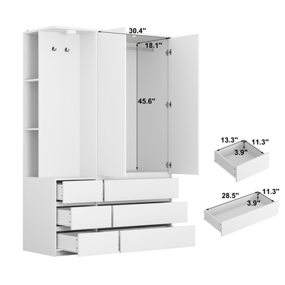 Wardrobe Closet 71.7" H, Bedroom Wooden Wardrobe with 2 Doors 6 Drawers, Modern Clothing Storage Cabinet Combination with Storage Shelves and Hanging Rail, White image 4