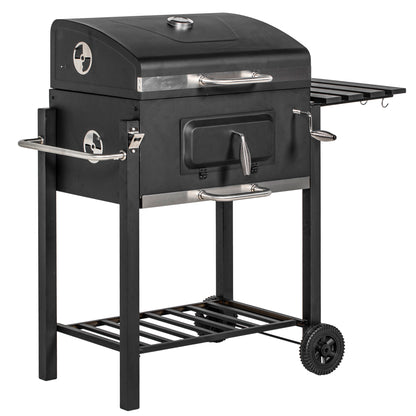 Outsunny Charcoal BBQ Grill, Outdoor Portable Cooker for Camping or Backyard Picnic with Side Table, Bottom Storage Shelf, Wheels and Handle, Black image 1