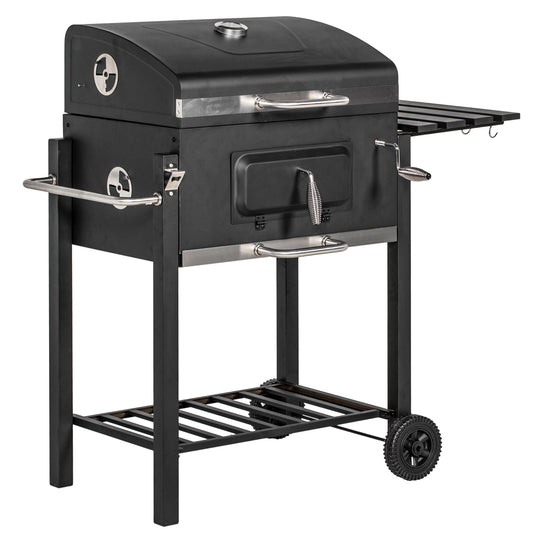 Outsunny Charcoal BBQ Grill, Outdoor Portable Cooker for Camping or Backyard Picnic with Side Table, Bottom Storage Shelf, Wheels and Handle, Black image 1