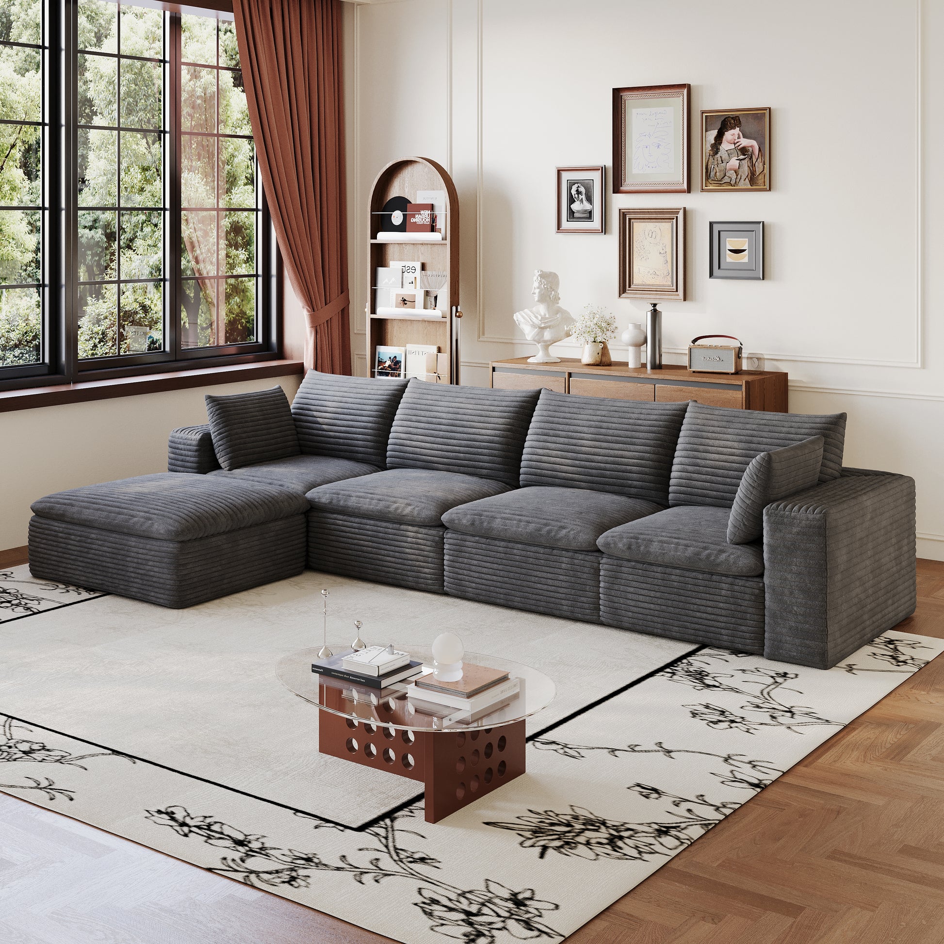 134" Cloud Sofa,Corduroy Fabric,Deep Seat Couches,Double-layer design,Removable Cushion,No Assembly, DIY Combination for Living room, Bedroom,Conference room,Apartment,Dark Grey image 3
