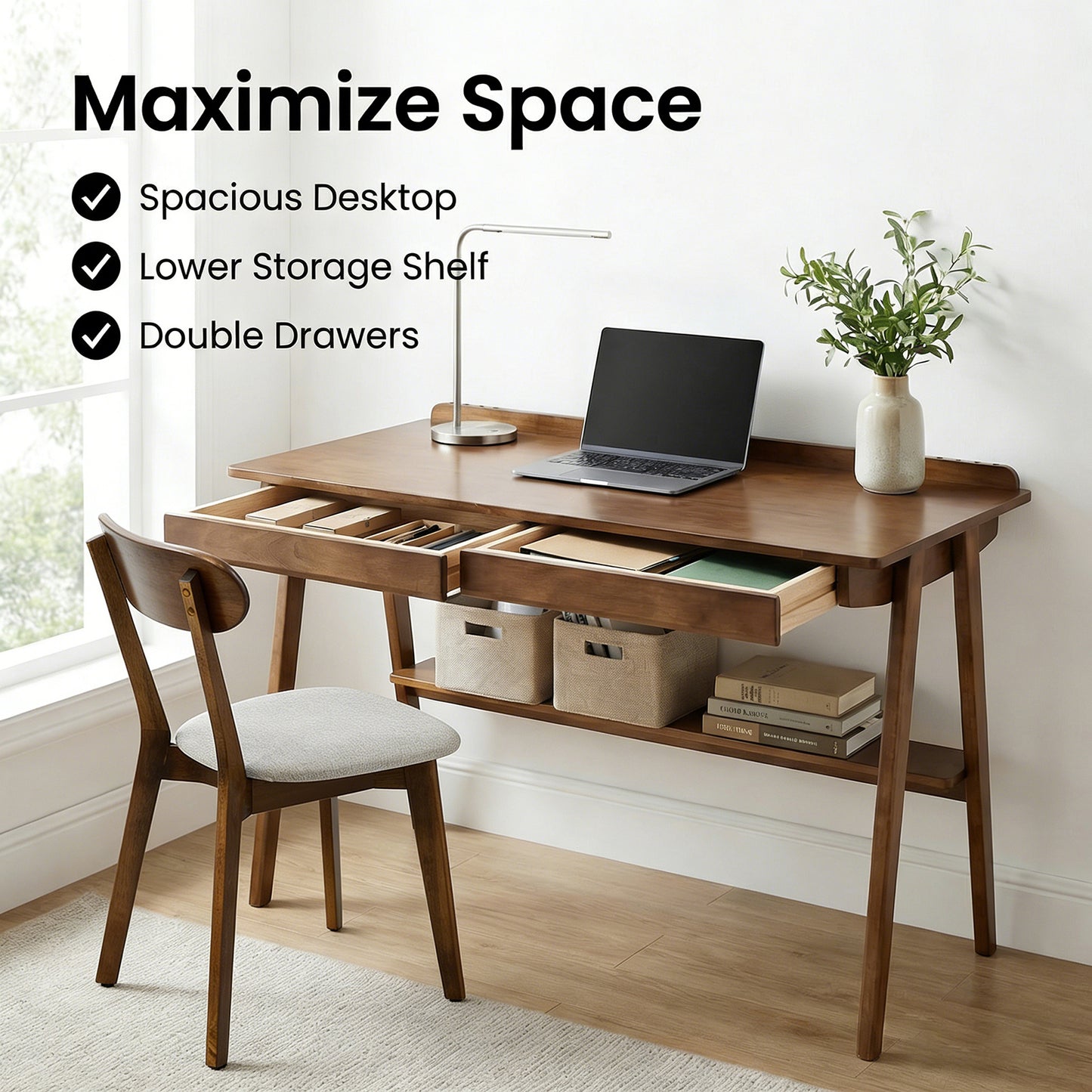 Solid Wood Writing Desk, Home Office Desk for Small Spaces, Mid Century Modern Desks with 2 Drawers & Storage Shelf, Standing Desk with Side Hooks for Study, Bedroom, Office (Walnut) image 2