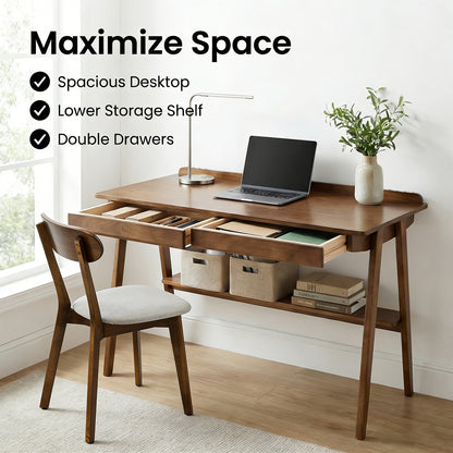 Solid Wood Writing Desk, Home Office Desk for Small Spaces, Mid Century Modern Desks with 2 Drawers & Storage Shelf, Standing Desk with Side Hooks for Study, Bedroom, Office (Walnut) image 2