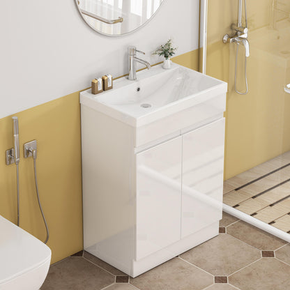 24-Inch Bathroom Vanity With Sink Combo, 2 Doors Bathroom Cabinet, With Shelf,Handle Free Design,Unique Thick-Edged Ceramic Basin,Soft Close System Hinge,Easy Assemble,Glossy White image 4
