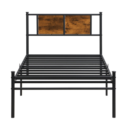 Twin Size metal bedframe,Headboard with wood panel decoration,black image 6