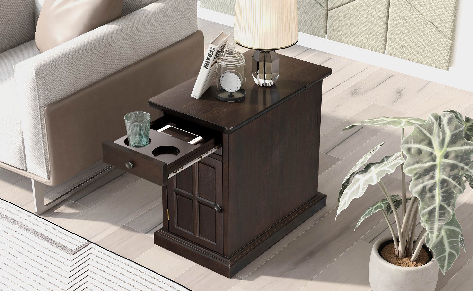 U-Can Classic Vintage Livingroom End Table Side Table with USB Ports and One Multifunctional Drawer with cup holders, Antique Espresso (Old SKU: WF296294AAP) image 3