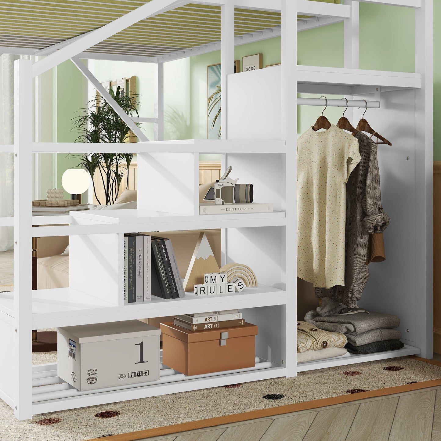Queen Size Loft Bed with Stairs, Metal Queen Loft Bed with Storage Shelves, High Loft Bed with Wardrobe for Kids Teens, White, Patent Products image 5