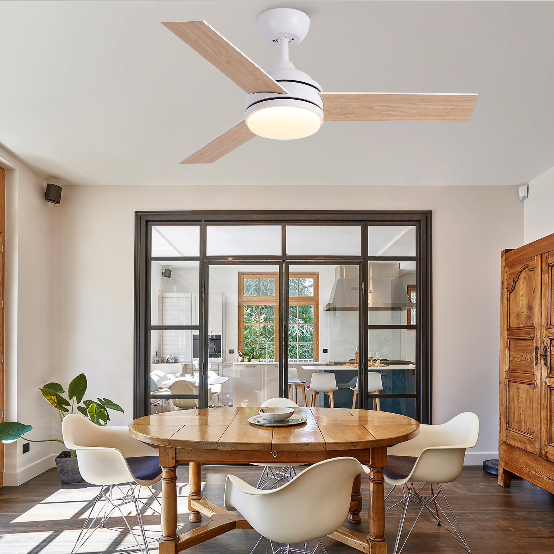 42 in. Indoor White Ceiling Fan with Intergrated LED Light Kit with Remote Control, 3 Plywood Blades and Work with Smart APP image 2