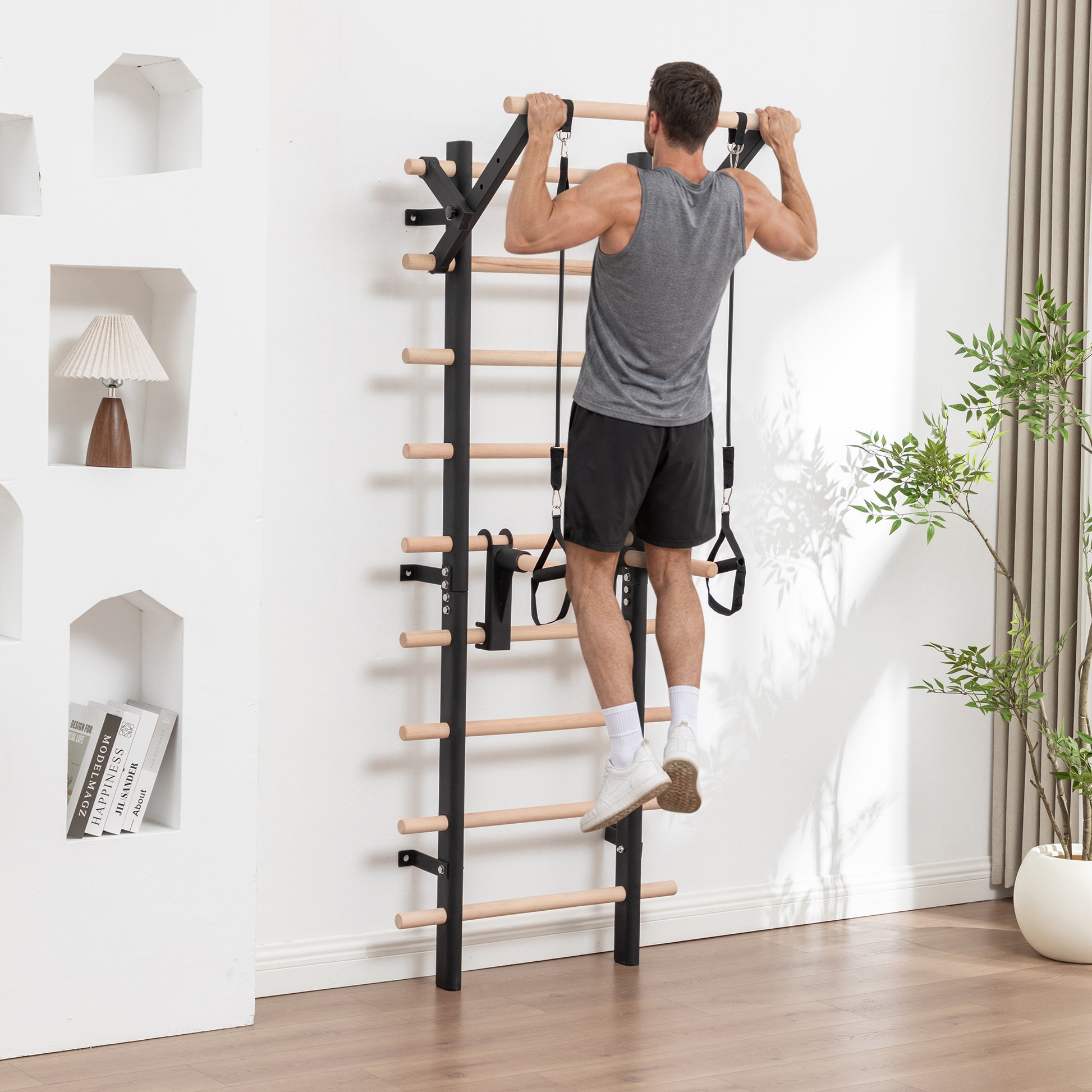 Wall Mount Swedish Ladder Home Gym Training Stall Bar with Adjustable Pull Up Dip Bars & Resistance Straps, Max 286lbs Capacity image 10
