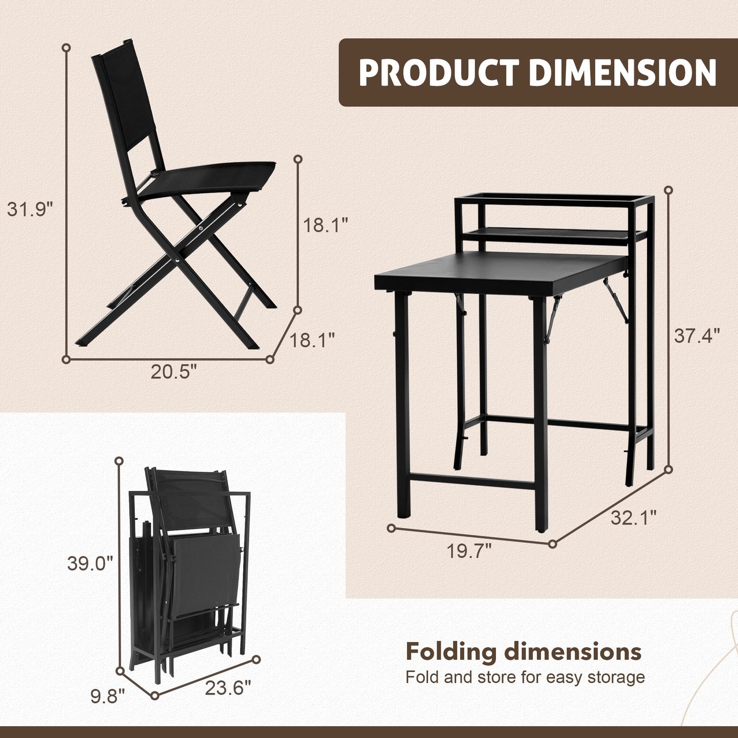 3PCS Patio Bistro Set, Patio Set of Foldable Patio Table and Chairs,Outdoor Patio Furniture Sets,Black image 7