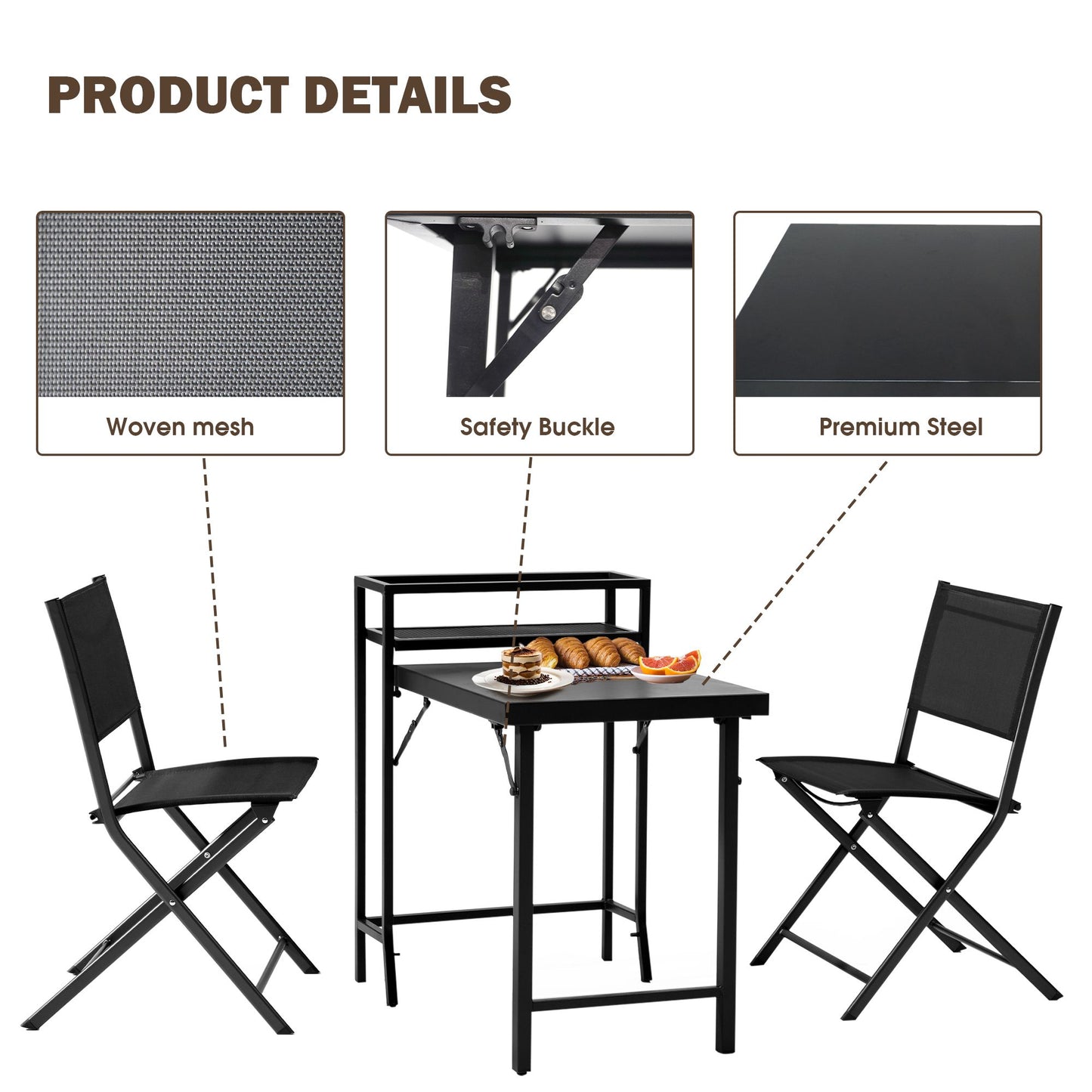 3PCS Patio Bistro Set, Patio Set of Foldable Patio Table and Chairs,Outdoor Patio Furniture Sets,Black image 10