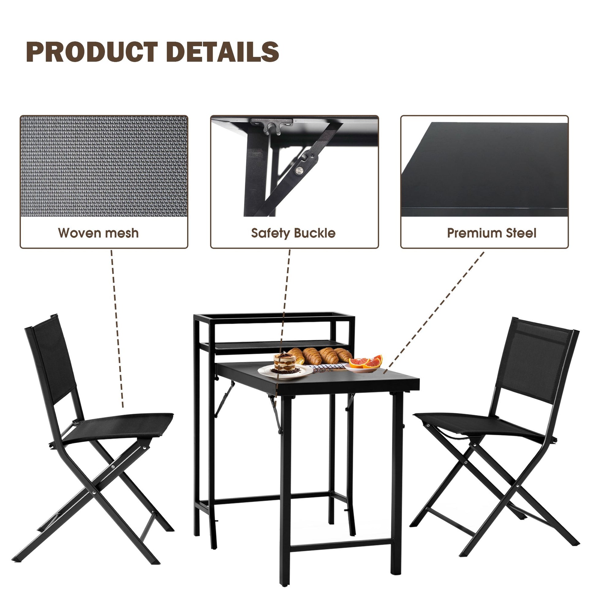 3PCS Patio Bistro Set, Patio Set of Foldable Patio Table and Chairs,Outdoor Patio Furniture Sets,Black image 10