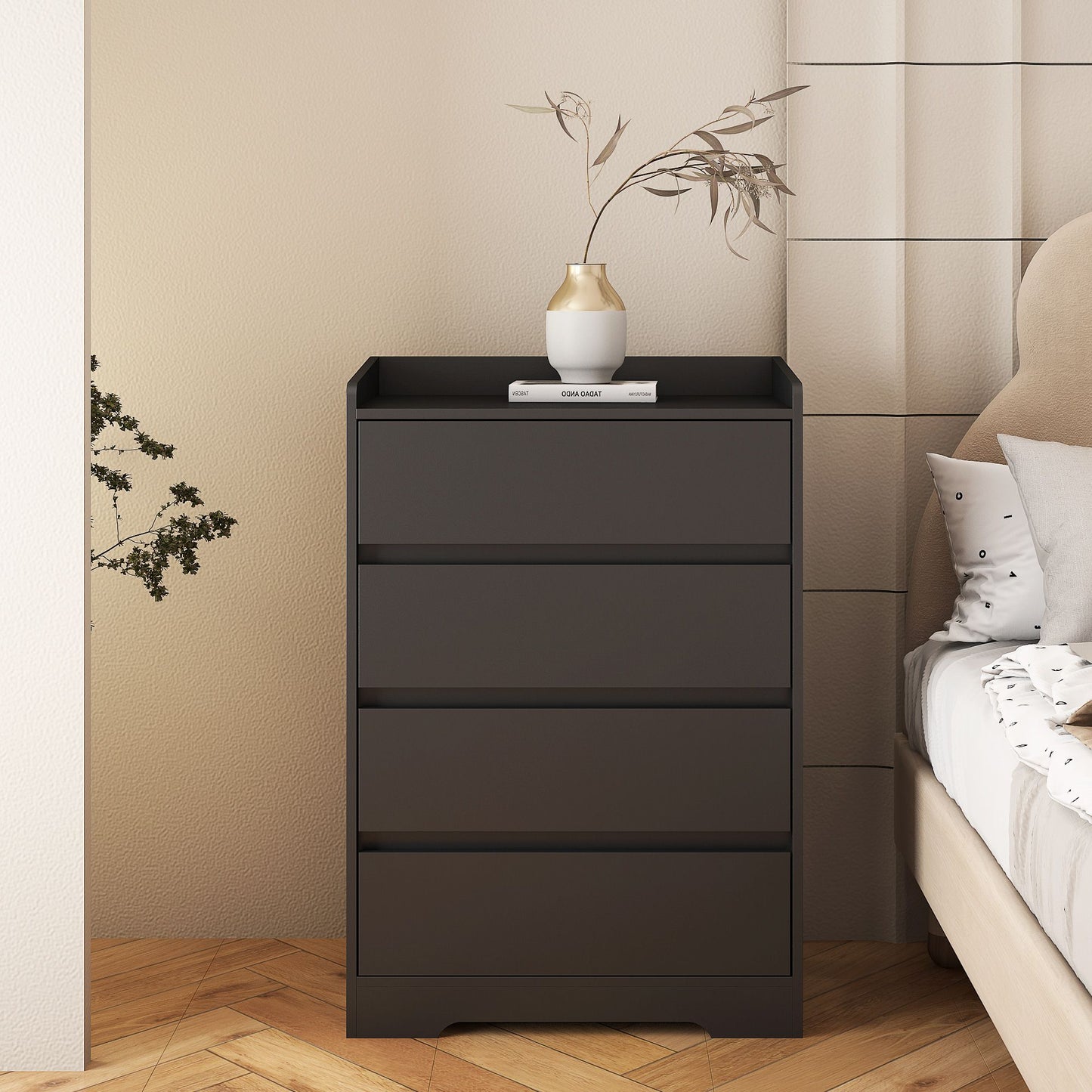 4 Drawer Dresser, Chest of Drawers Without Handle,Black Dresser for Bedroom 100% Waterproof, Modern Wooden Cabinet with  image 5