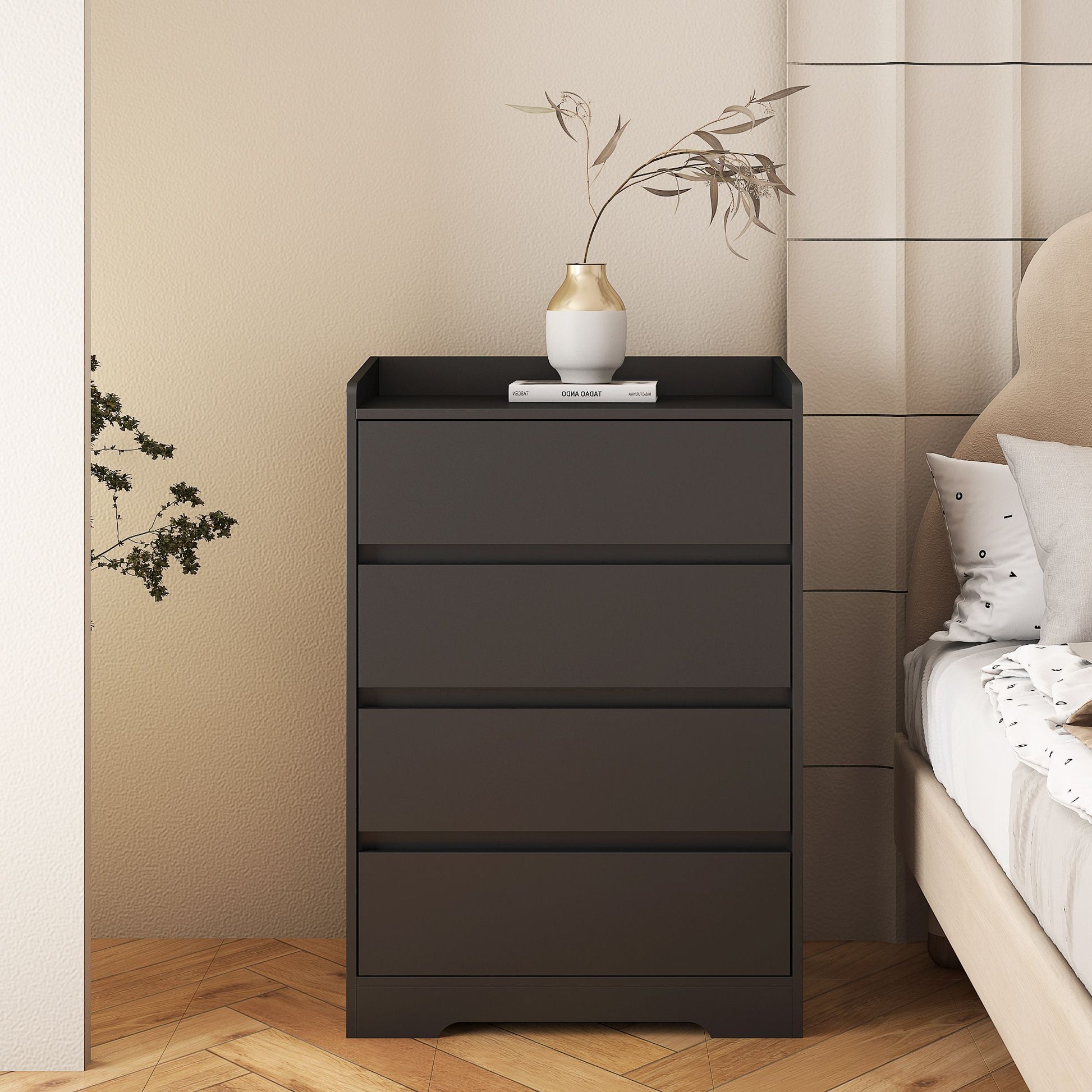 4 Drawer Dresser, Chest of Drawers Without Handle,Black Dresser for Bedroom 100% Waterproof, Modern Wooden Cabinet with  image 5