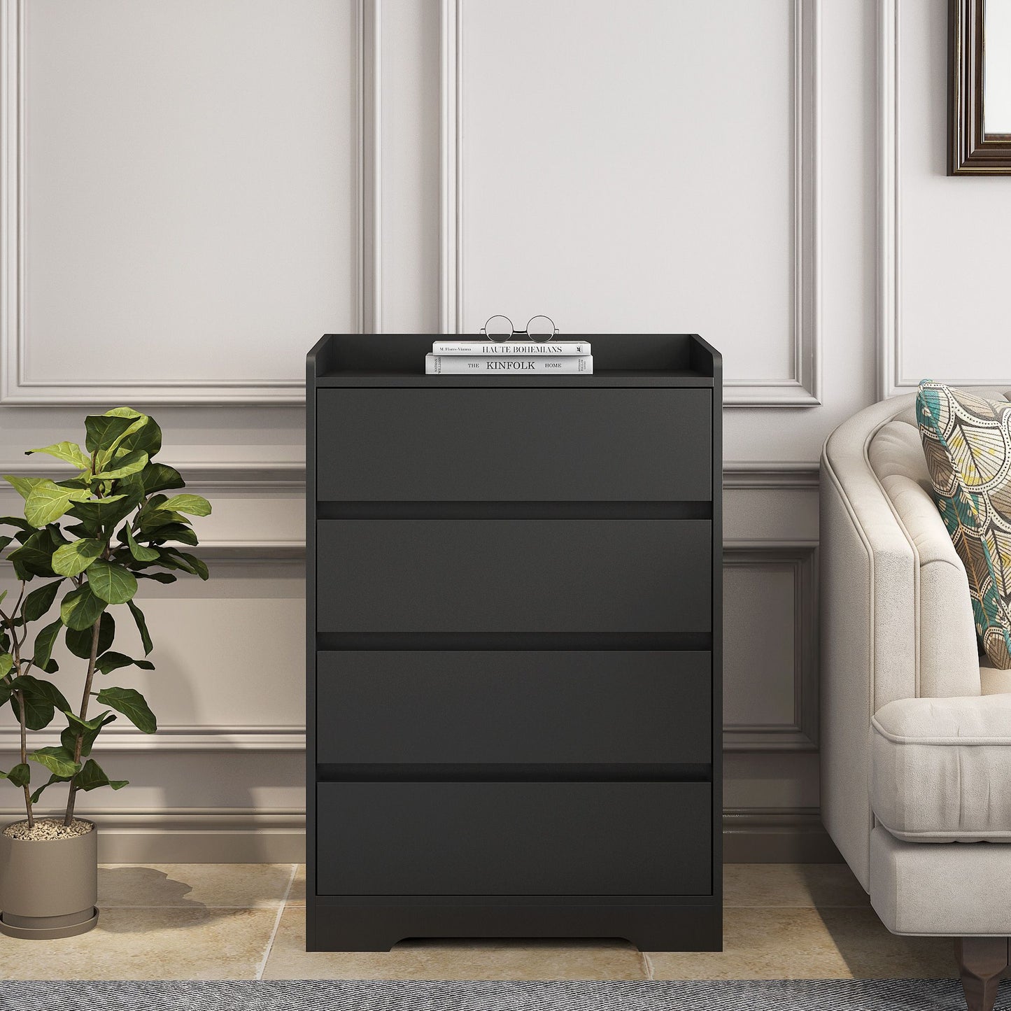 4 Drawer Dresser, Chest of Drawers Without Handle,Black Dresser for Bedroom 100% Waterproof, Modern Wooden Cabinet with  image 1