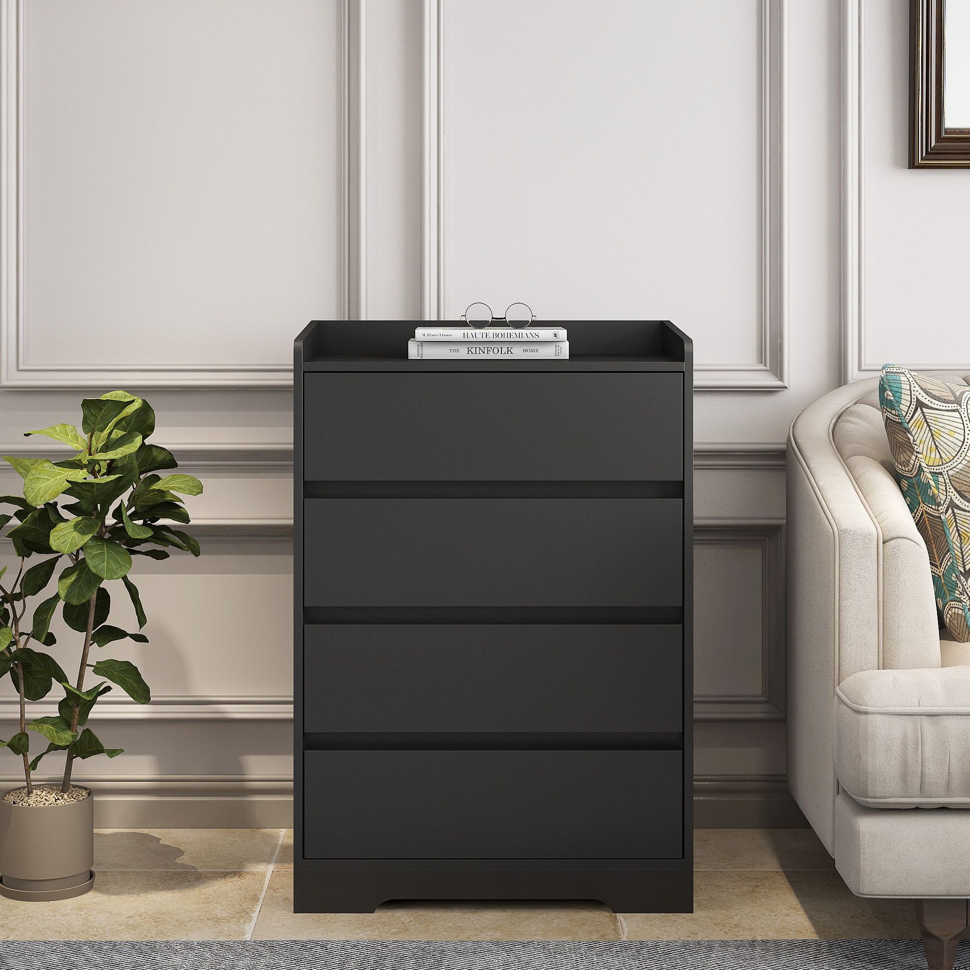 4 Drawer Dresser, Chest of Drawers Without Handle,Black Dresser for Bedroom 100% Waterproof, Modern Wooden Cabinet with  image 1