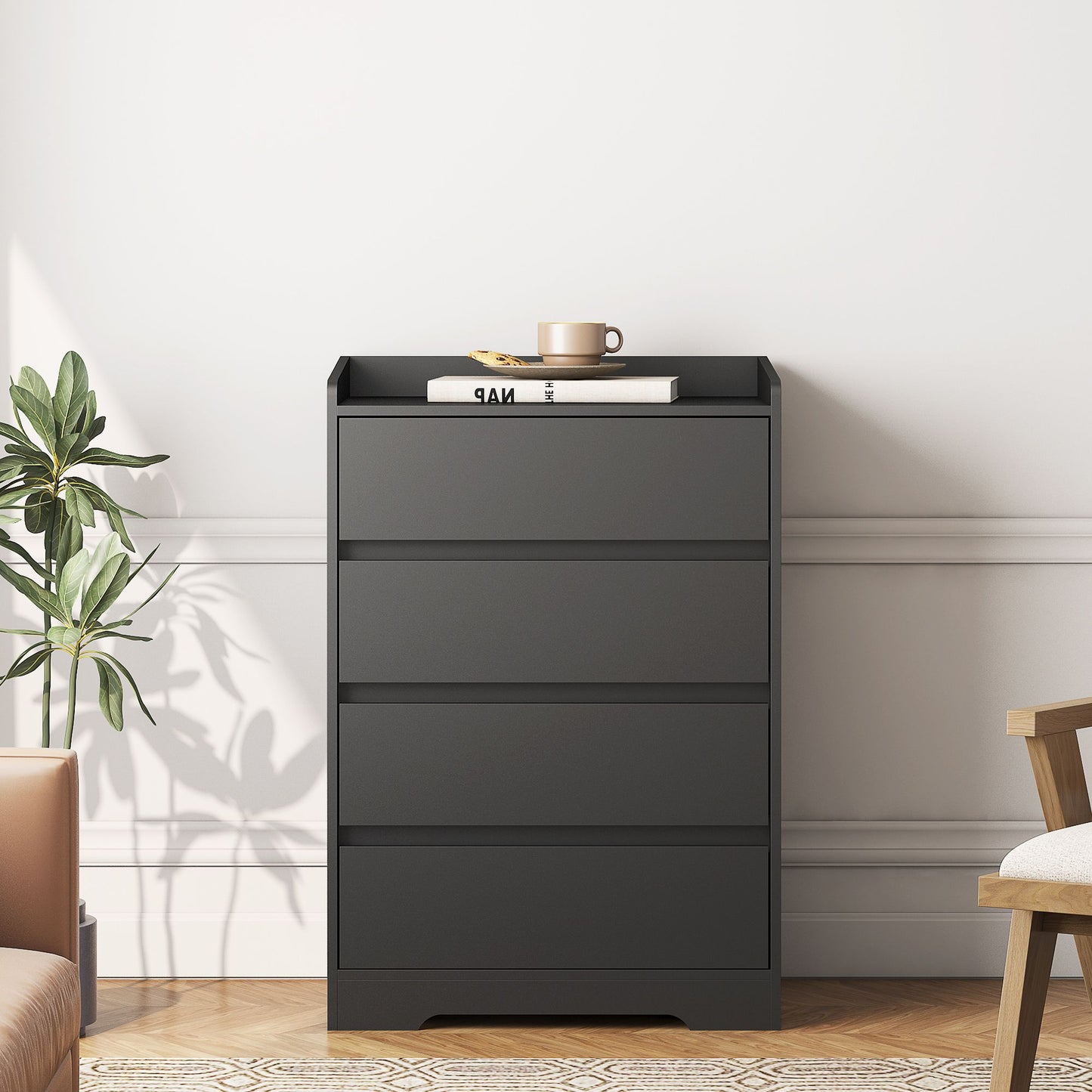 4 Drawer Dresser, Chest of Drawers Without Handle,Black Dresser for Bedroom 100% Waterproof, Modern Wooden Cabinet with  image 3