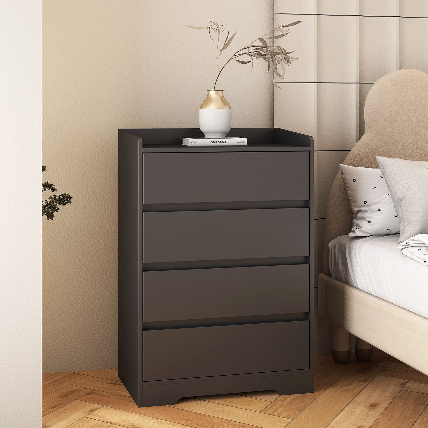 4 Drawer Dresser, Chest of Drawers Without Handle,Black Dresser for Bedroom 100% Waterproof, Modern Wooden Cabinet with  image 6