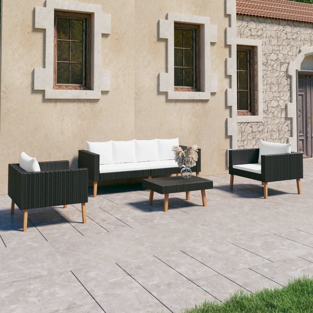4 Piece Patio Lounge Set with Cushions Poly Rattan Black image 1