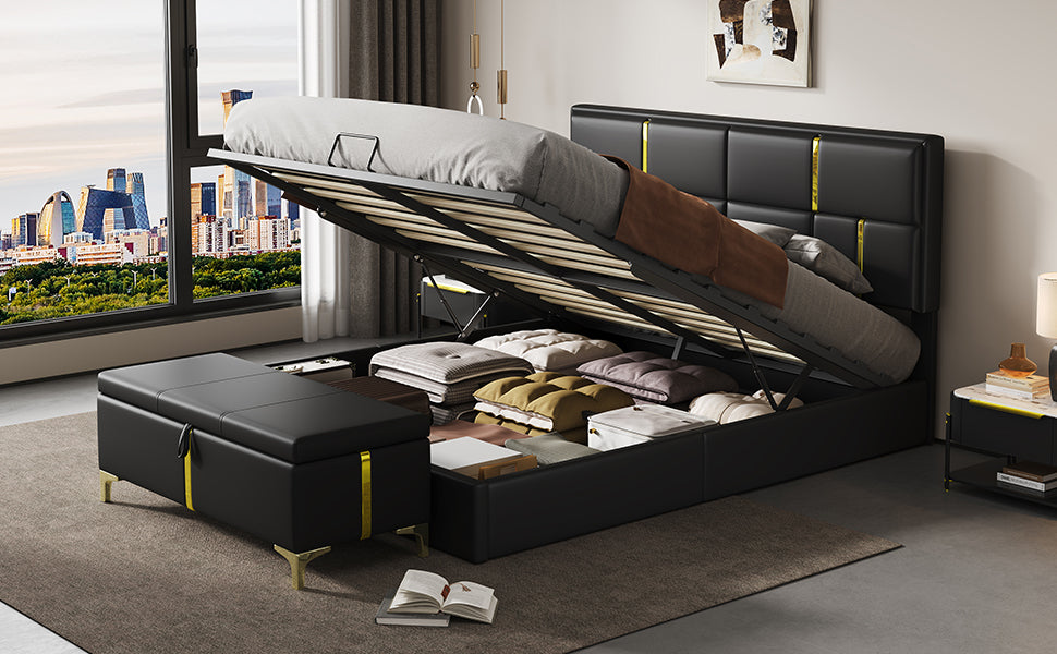 2-Pieces Bedroom Sets,Queen Size Upholstered Platform Bed with Hydraulic Storage System,Storage Ottoman with Metal Legs,Black(Old SKU:N733S207778B) image 11