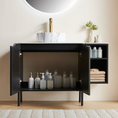 TURIO 42" Bathroom Freestanding and Wall Mounted Storage Cabinet with 2 Doors and 12" Open Shelf, One White Round Ceramic Basin with Stone Pattern and Carrara White Counter Top, No Faucet, Black Color image 3