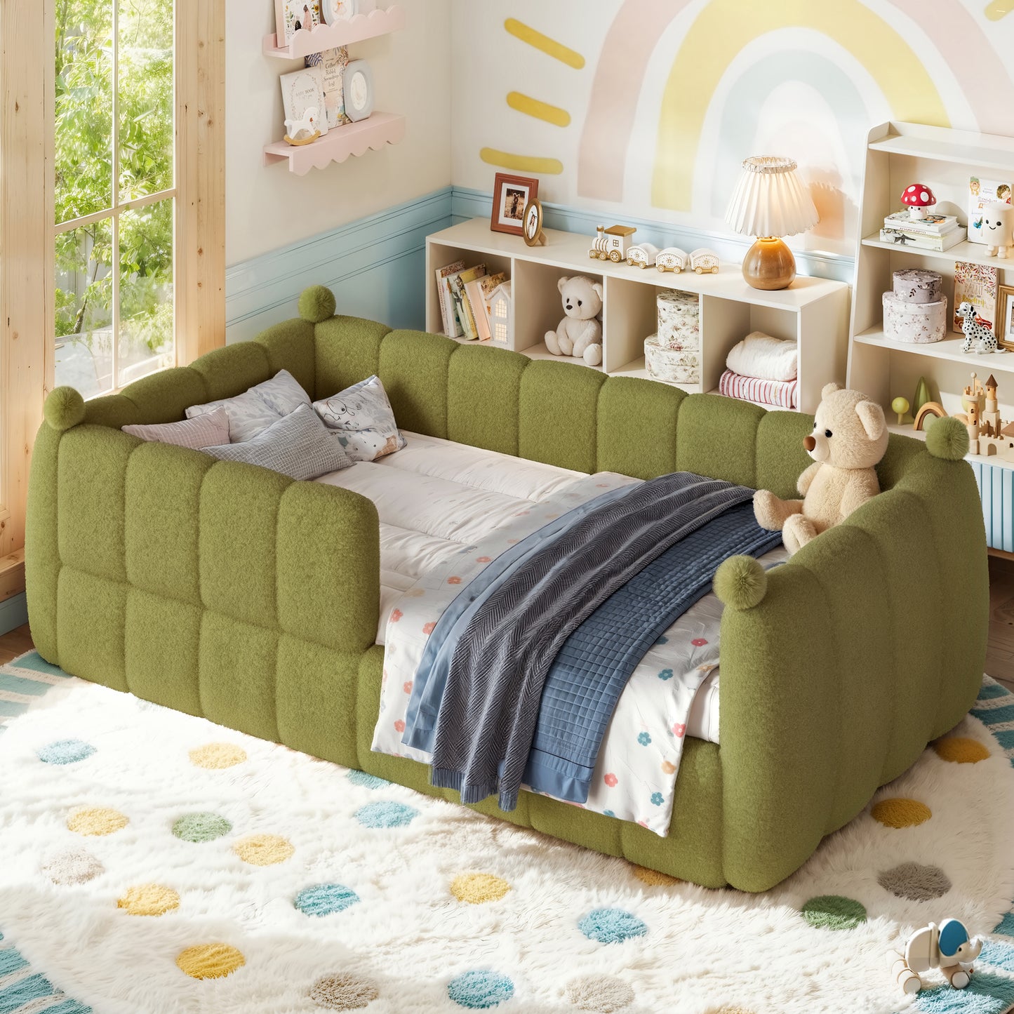 Twin Size Kids Soft Upholstered Floor Bed, Montessori Floor Bed with Full Surround Safety Rails, Low to Ground Child Bed Frame for Boys Girls, Green image 4