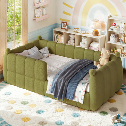 Twin Size Kids Soft Upholstered Floor Bed, Montessori Floor Bed with Full Surround Safety Rails, Low to Ground Child Bed Frame for Boys Girls, Green image 4