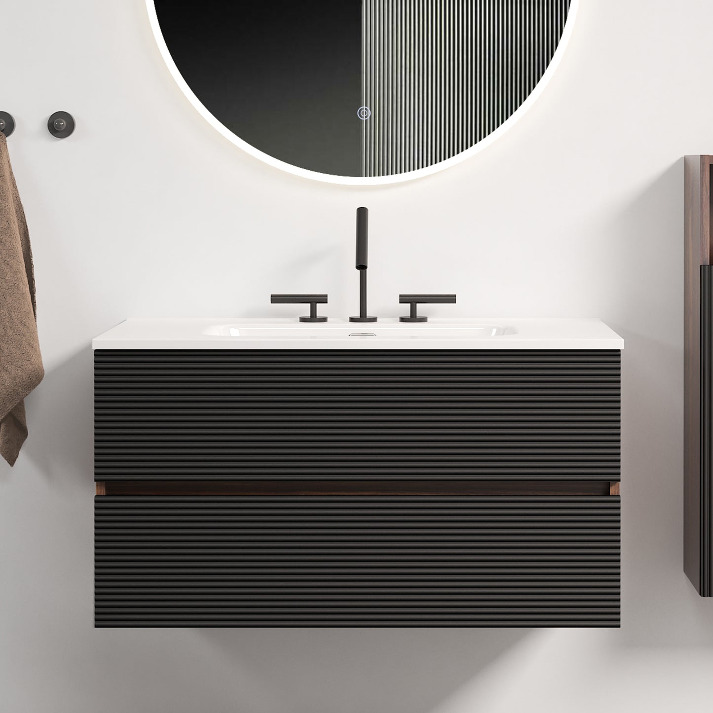 Gloria 36" Wall Mounted Soft Black & Walnut Bathroom Vanity with Integrated Ceramic Sink with 3 holes, with Overflow, Large Storage Floating Bathroom Vanity for Modern Bathroom, KD image 1