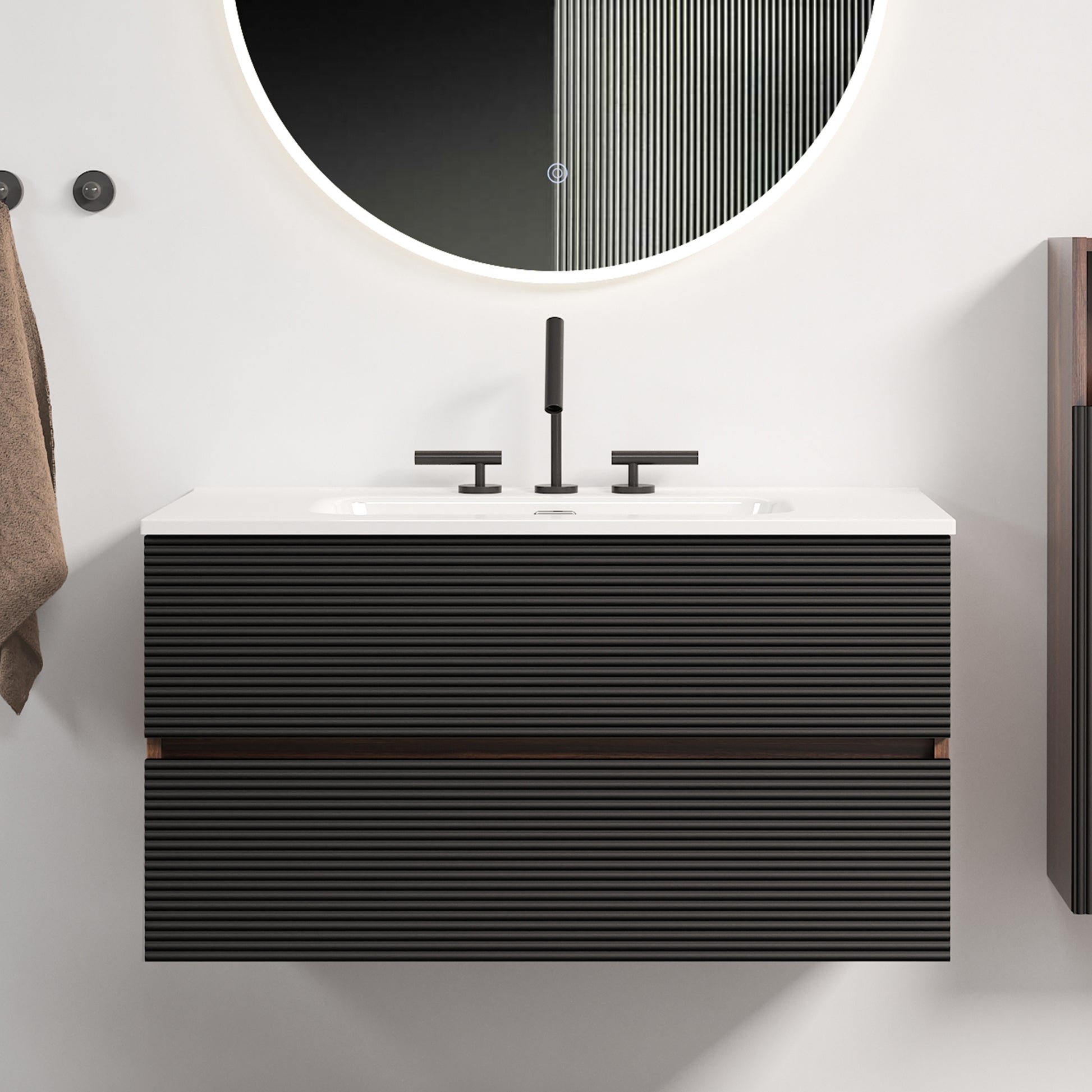 Gloria 36" Wall Mounted Soft Black & Walnut Bathroom Vanity with Integrated Ceramic Sink with 3 holes, with Overflow, Large Storage Floating Bathroom Vanity for Modern Bathroom, KD image 1