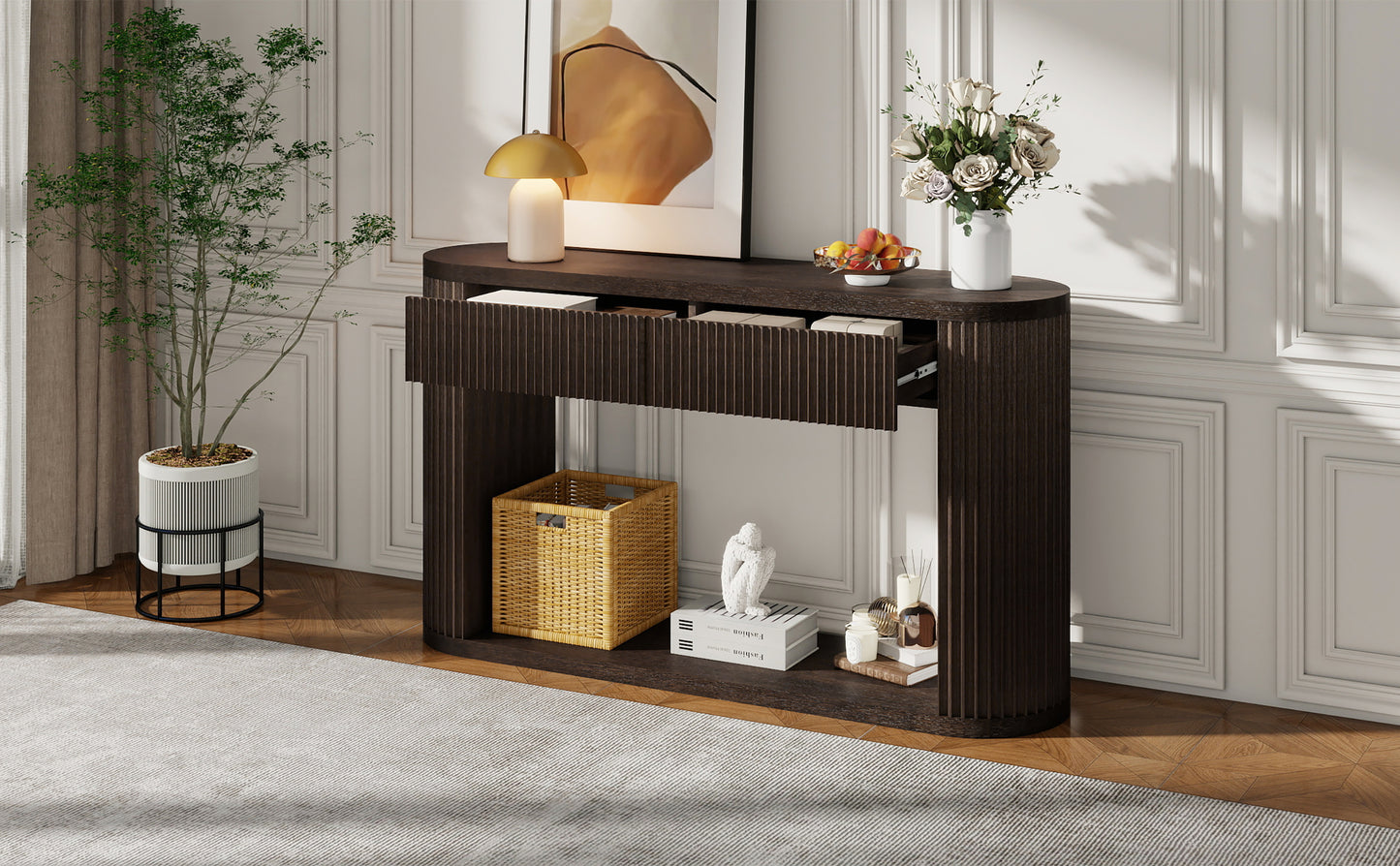 TREXM Oval Fluted Console Table with 2 Drawers and Bottom Shelf, Wood Entryway Table with Smooth Metal Slides for Living Room, Entryway (Espresso) image 4