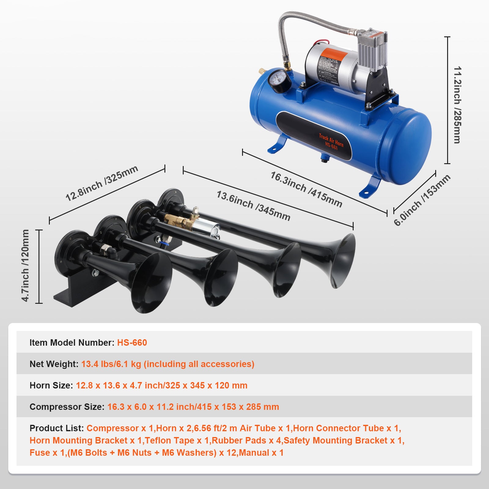 Train Horns Kit, 4 Trumpet Air Horn Kit, 150dB Train Horns for Pickup Trucks, 12V 120 psi Air Compressor 1.6 Gal/6 L Tank with Gauge for Any 12V Vehicle Car Truck Train Van Boat image 7