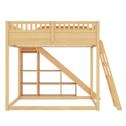 Full Size Loft Bed with upholstered headboard and storage shelves, complete with ladder and slide, Natural image 6