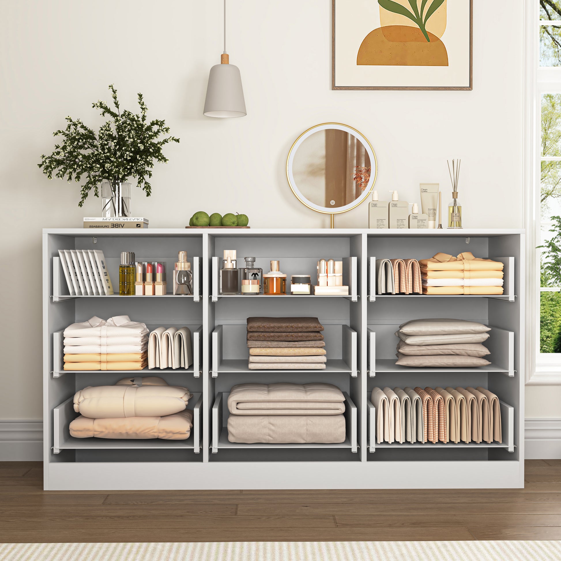 White 9 Drawer Dresser, 63" Large Deep Chest of Drawers, Wooden Dresser Storage Cabinet with 9 Drawers for Bedroom, Long Dressers for Living Room, Hallway, Drawer panel with wavy patterns image 9