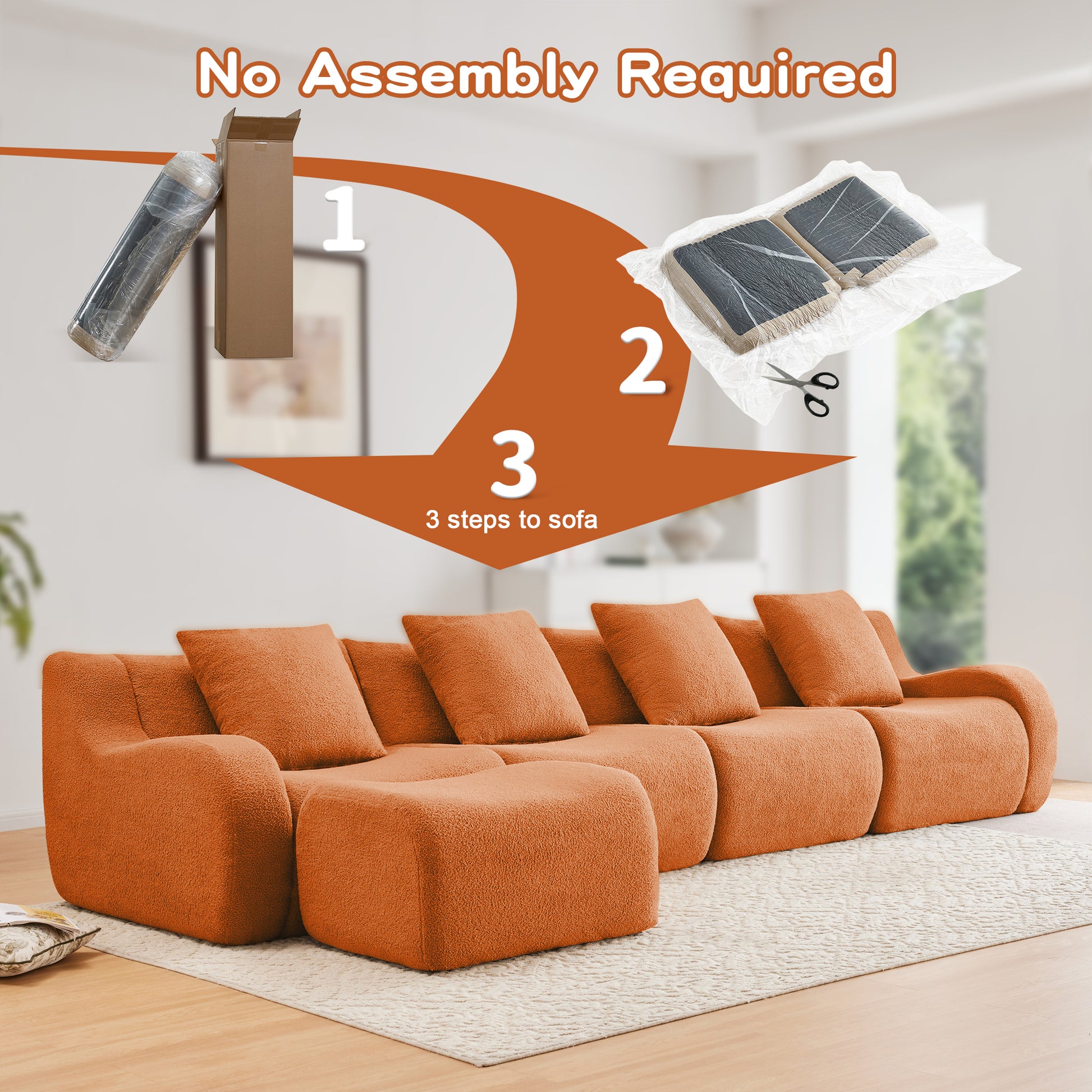 L-Shaped 4-Seat Boneless Sofa,Teddy Fabric No Assembly Required Curved Armrest,Anti-slip Design, Assembly Chaise,32D High Density Sponge Full Compression Vacuum Packag,For Studies living Rooms,Orange image 8