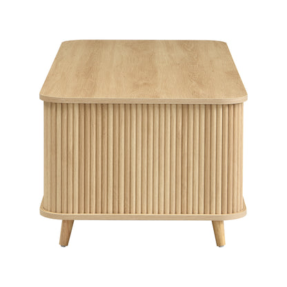 Mid-Century Modern Coffee Table with Storage: Natural Wood Finish, 2 Doors & 1 Drawer, For Living Room, Entertainment Center, Home Theater image 9