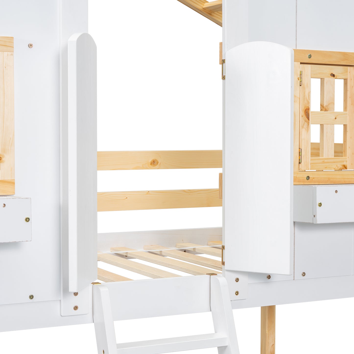 Twin over Twin House Bunk Bed with Roof, Window, Window Box, Door, with Safety Guardrails and Ladder, Natural/White image 7