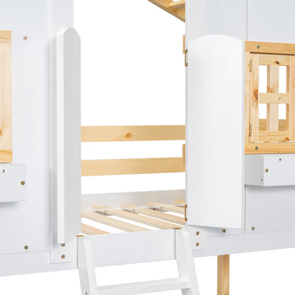 Twin over Twin House Bunk Bed with Roof, Window, Window Box, Door, with Safety Guardrails and Ladder, Natural/White image 7
