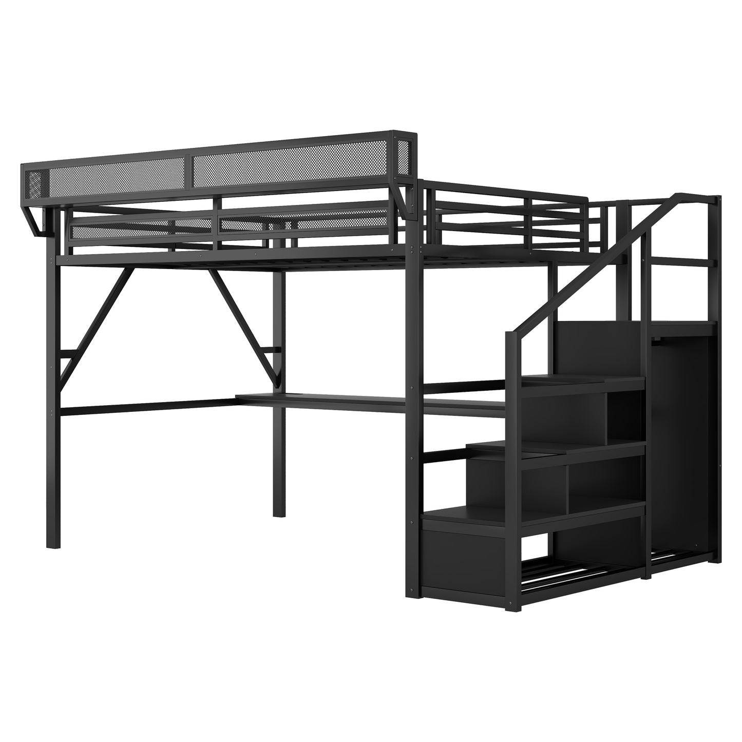 Full Loft Bed with Desk and Charging Station, Full Size Metal Loft Bed with Stairs and Light for Kids Teens, Black image 12