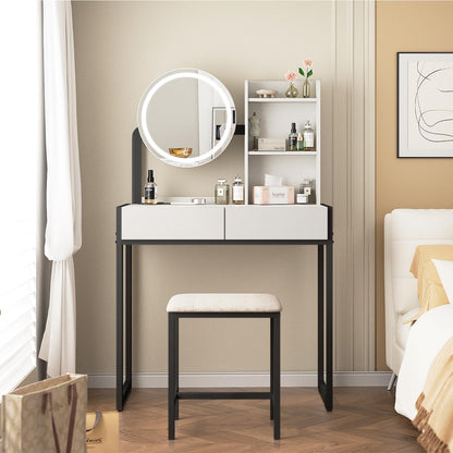 Small Vanity Desk with Mirror and Lights, Makeup Vanity Table with LED Mirror, 3 Lighting Modes, Power Outlet, Drawer, Open Shelves and Cushioned Stool for Bedroom (White and Black) image 1