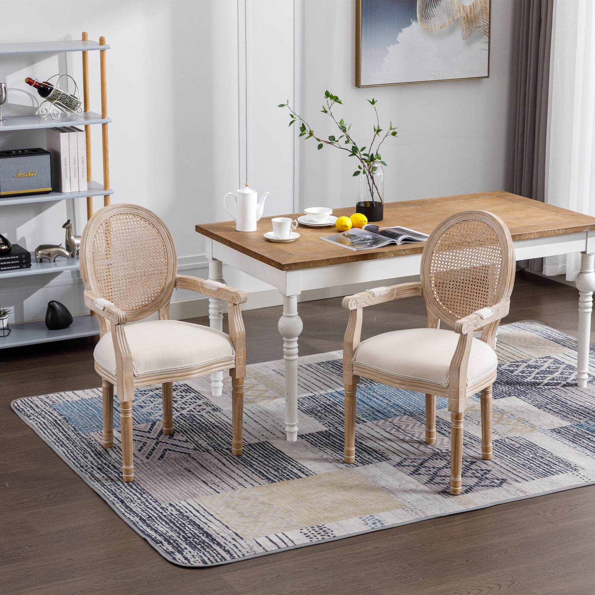 French Vintage Upholstered Fabric Dining Armchair, Set of 2, Beige image 1