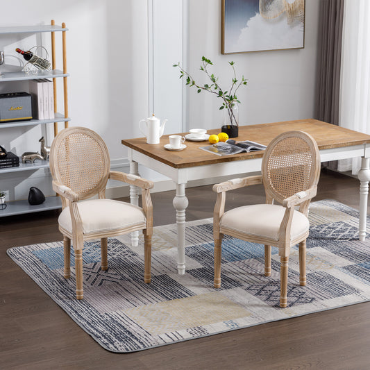 French Vintage Upholstered Fabric Dining Armchair Set of 2 Beige - Front View