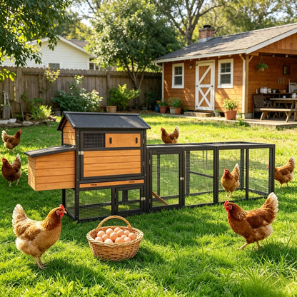 brown+black Wooden Chicken Coop, Large Outdoor Hen House with Run and Nesting Box Poultry Cage, Rabbit Hutch, Waterproof Anti-UV Panel for Backyard image 2